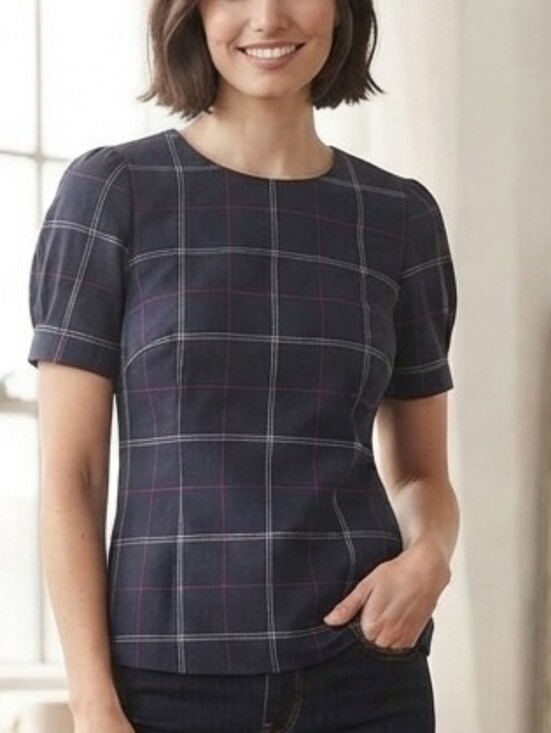 Banana Republic Tops - Banana Republic BR Navy Plaid Short Puff Sleeves Plaid Blouse Top Sz Size M